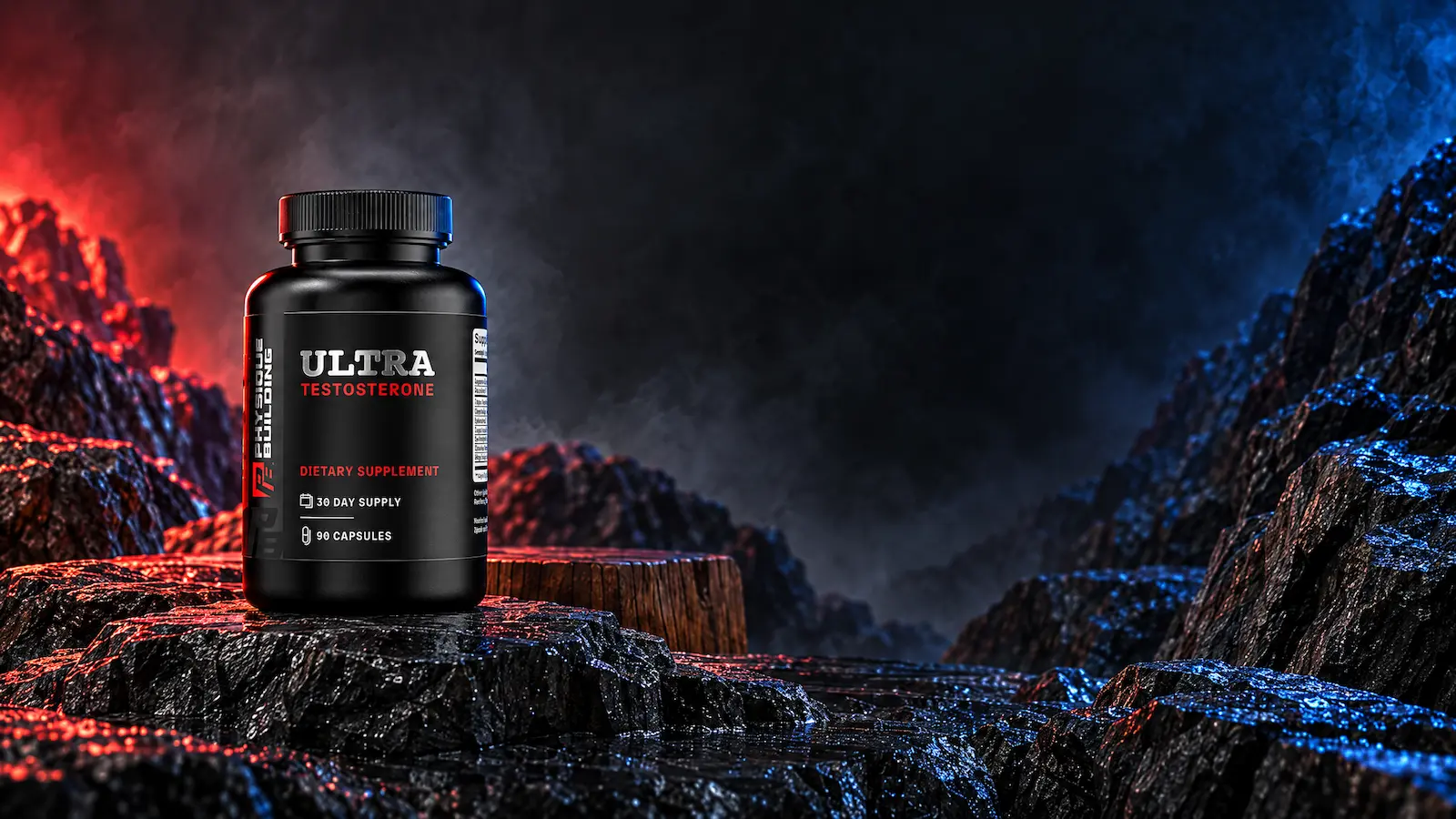 Ultra Testosterone bottle on dark rocks with red and blue lighting